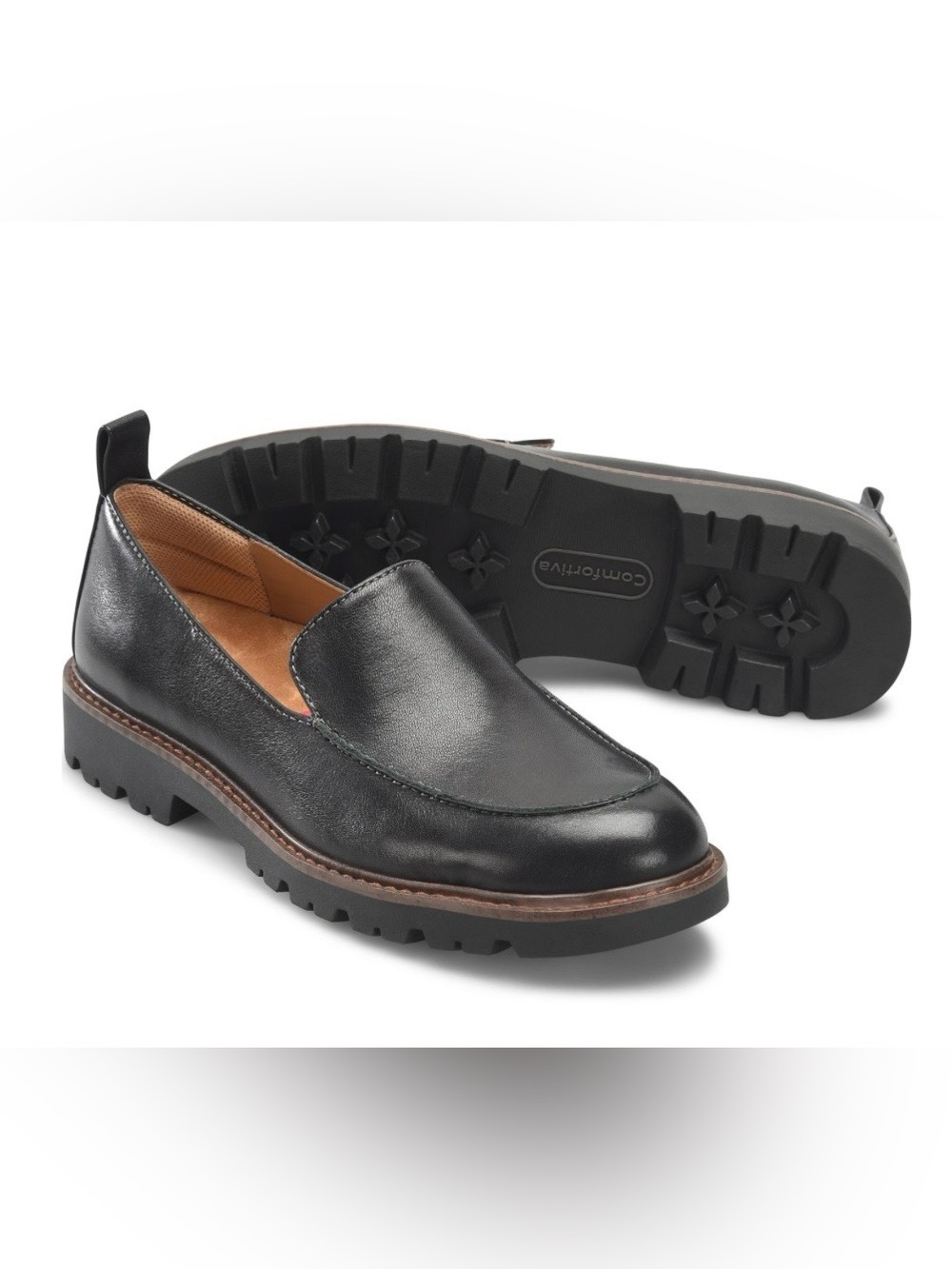 Men's Black Leather Slip-On Lug Sole Loafers